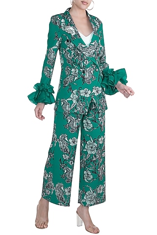 Teal Green Printed Blazer With Trouser Pants by Farah Sanjana