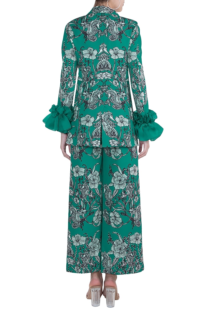 Teal Green Printed Blazer With Trouser Pants by Farah Sanjana at Pernia's Pop Up Shop