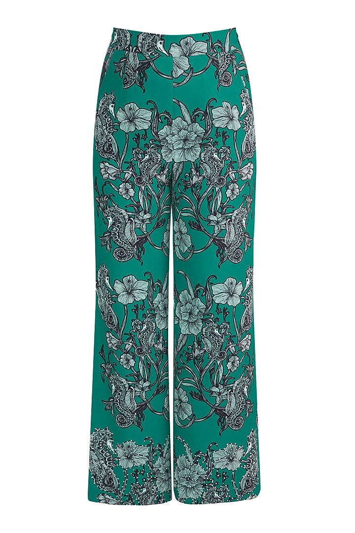 Teal Green Printed Blazer With Trouser Pants by Farah Sanjana at Pernia's Pop Up Shop