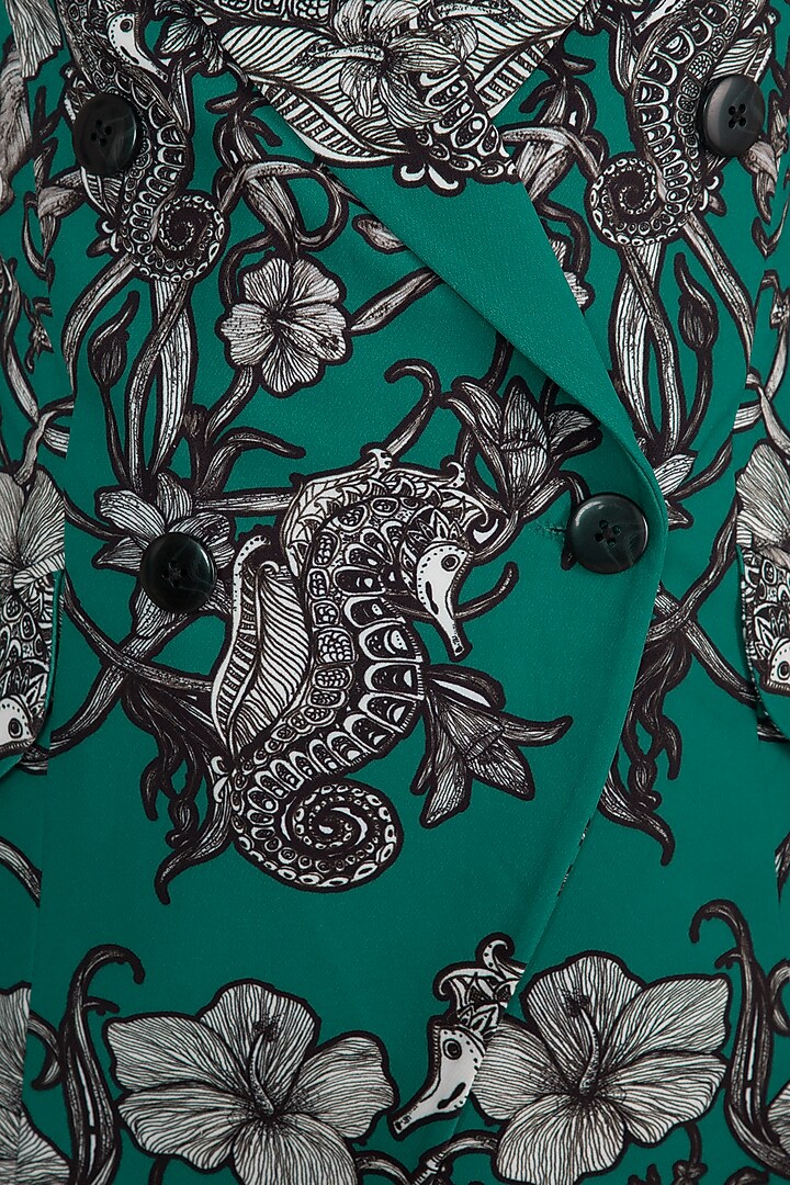 Teal Green Printed Blazer With Trouser Pants by Farah Sanjana at Pernia's Pop Up Shop
