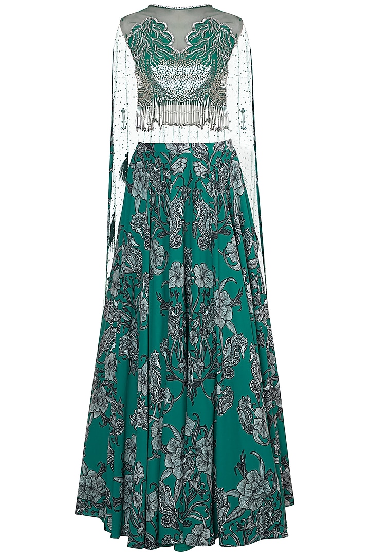 Teal Green Printed Lehenga Skirt With Embellished Blouse by Farah Sanjana