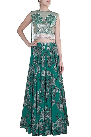Teal Green Printed Lehenga Skirt With Embellished Blouse by Farah Sanjana