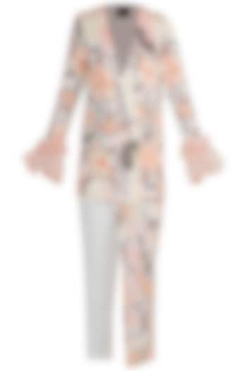 White & Peach Printed Embroidered Blazer With Trouser Pants by Farah Sanjana