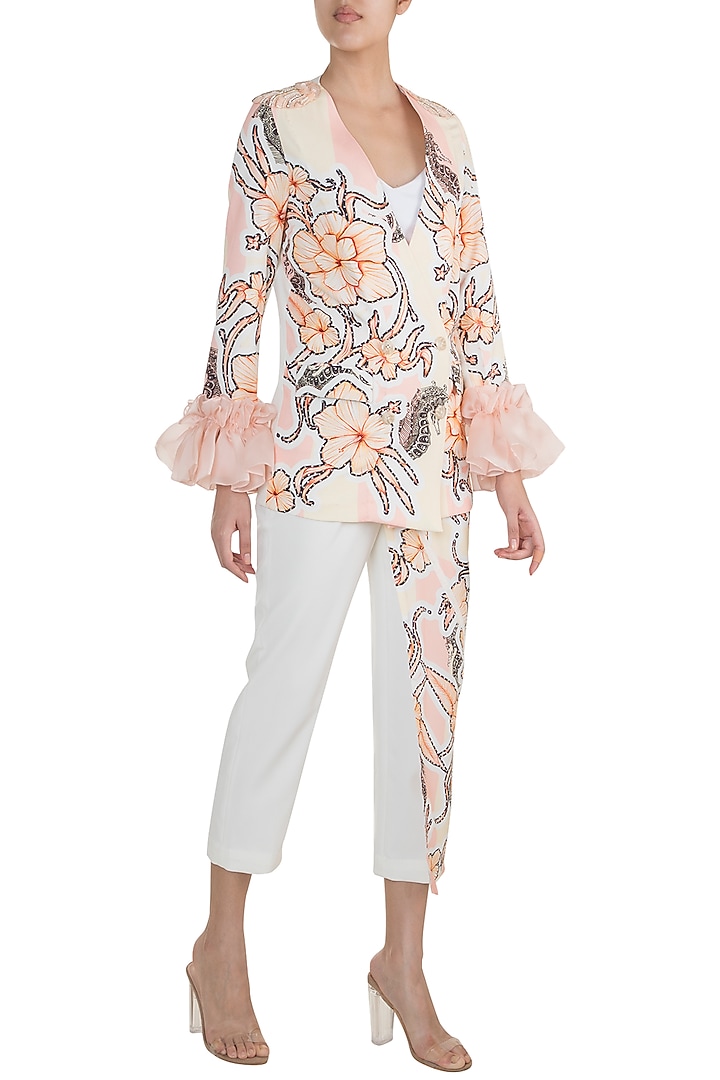 White & Peach Printed Embroidered Blazer With Trouser Pants by Farah Sanjana at Pernia's Pop Up Shop