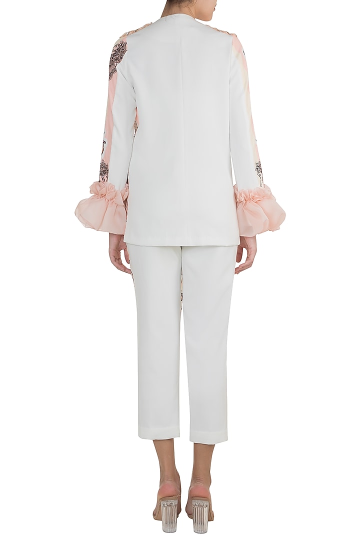 White & Peach Printed Embroidered Blazer With Trouser Pants by Farah Sanjana at Pernia's Pop Up Shop