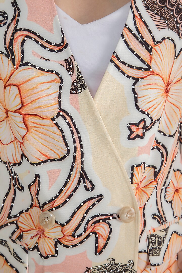 White & Peach Printed Embroidered Blazer With Trouser Pants by Farah Sanjana at Pernia's Pop Up Shop