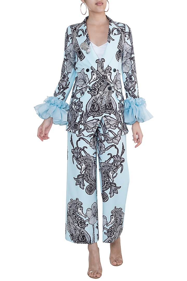Powder Blue Printed Blazer With Trouser Pants by Farah Sanjana at Pernia's Pop Up Shop