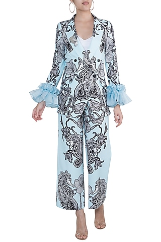Powder Blue Printed Blazer With Trouser Pants by Farah Sanjana