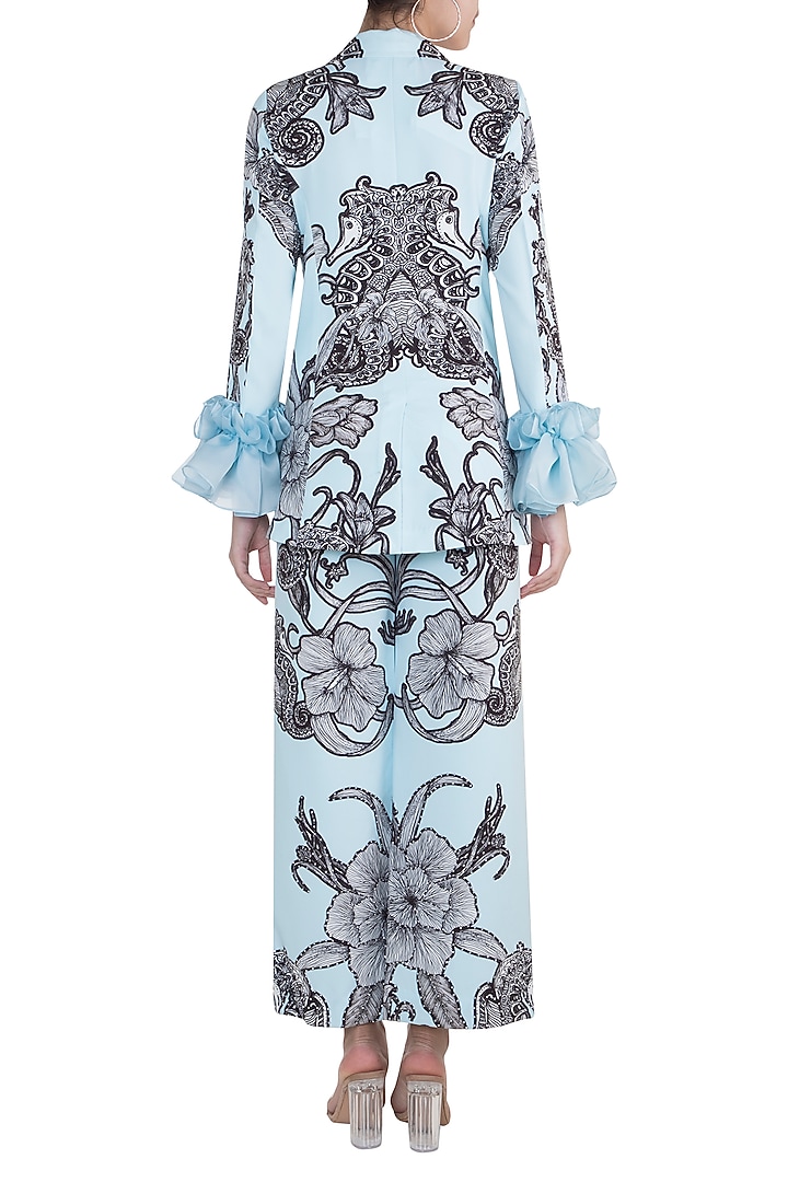 Powder Blue Printed Blazer With Trouser Pants by Farah Sanjana at Pernia's Pop Up Shop