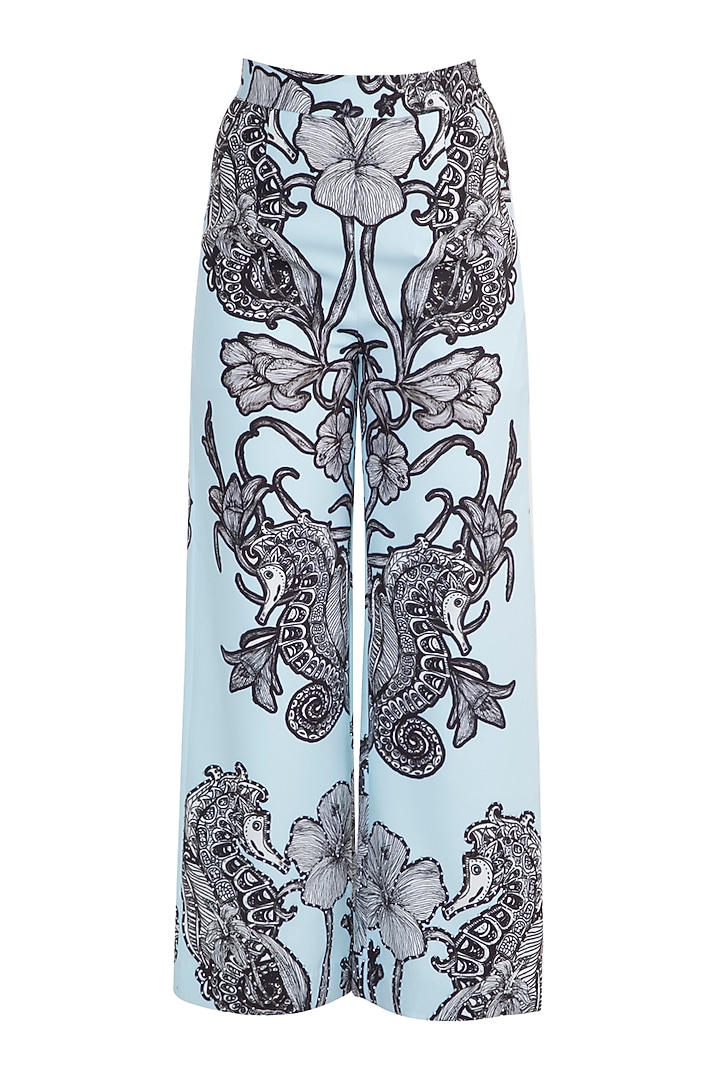 Powder Blue Printed Blazer With Trouser Pants by Farah Sanjana at Pernia's Pop Up Shop