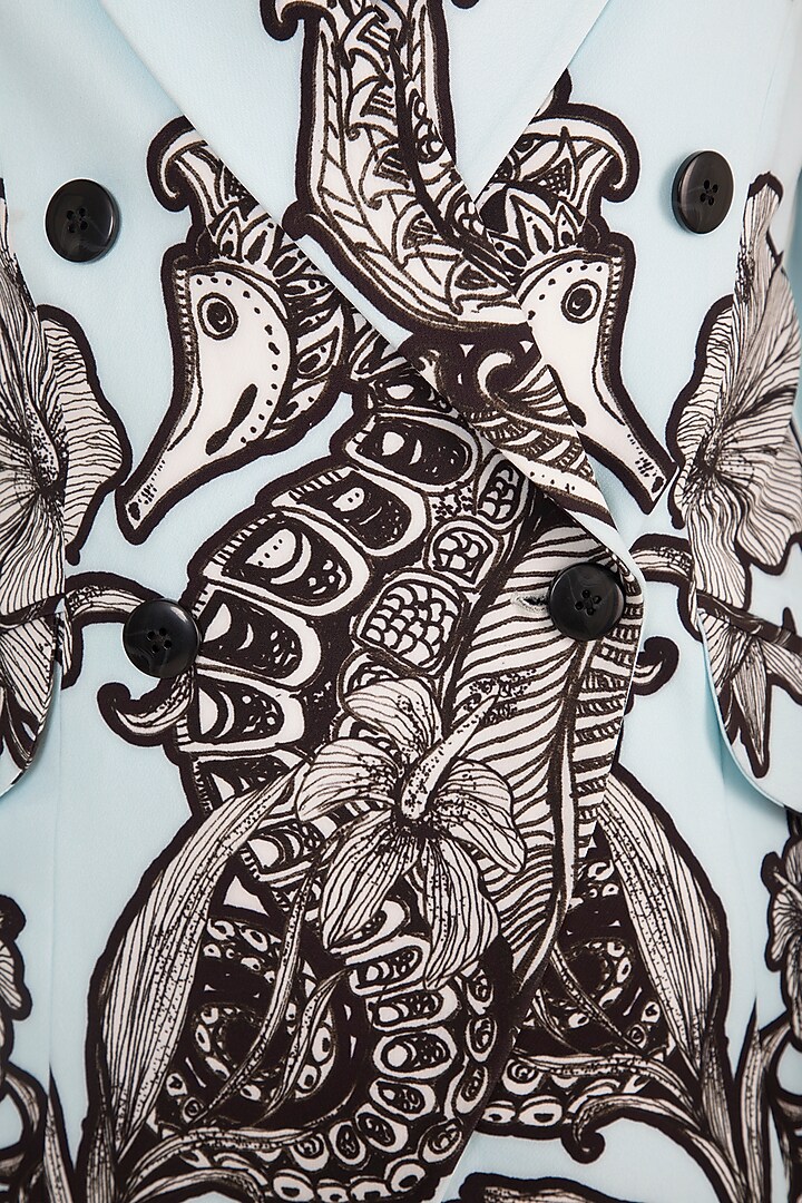 Powder Blue Printed Blazer With Trouser Pants by Farah Sanjana at Pernia's Pop Up Shop