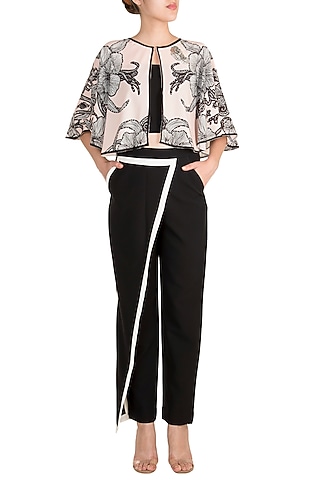 Pale Pink Cape With Black Tube Top & Trouser Pants by Farah Sanjana