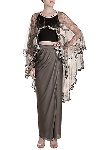 Pale Pink Printed Cape With Black Tube & Grey Drape Dhoti by Farah Sanjana