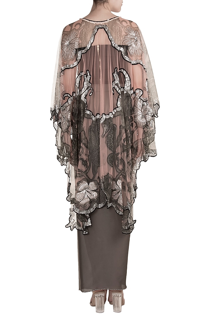 Pale Pink Printed Cape With Black Tube & Grey Drape Dhoti by Farah Sanjana at Pernia's Pop Up Shop