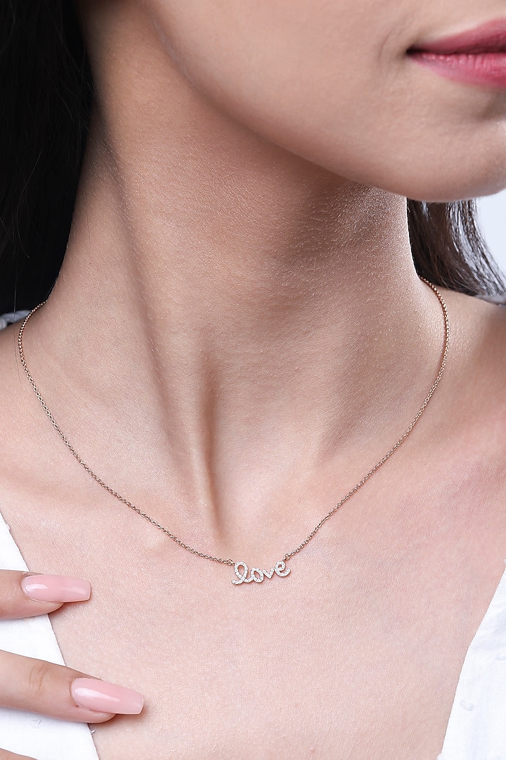 18kt Rose Gold Finish Round Diamond Loved Word Pendant Chain by Faith By ASM at Pernia's Pop Up Shop