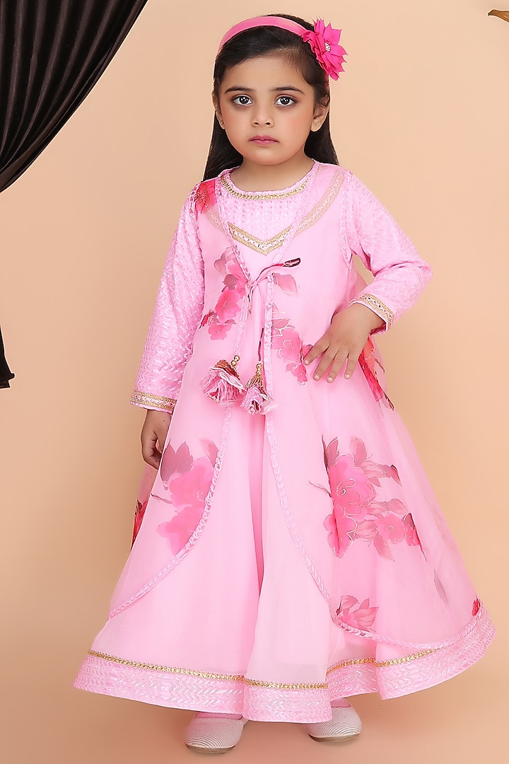 Pink Georgette Printed Jacket Anarkali For Girls by Fashion Totz