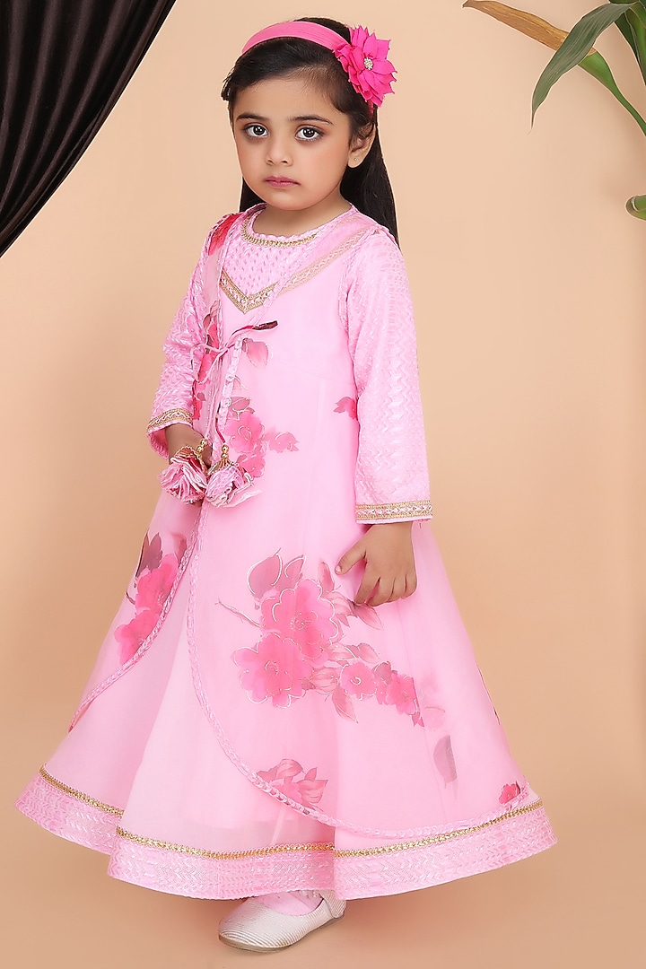 Pink Georgette Printed Jacket Anarkali For Girls by Fashion Totz at Pernia's Pop Up Shop