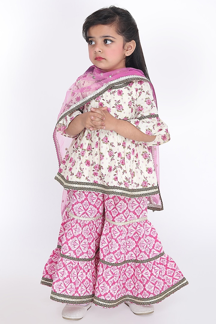 Pink Cotton Printed Sharara Set For Girls by Fashion Totz