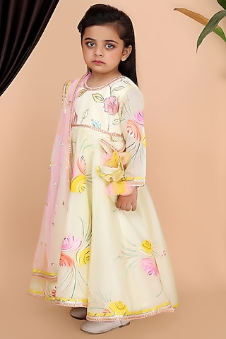 Yellow Georgette & Organza Printed Anarkali Set For Girls by Fashion Totz