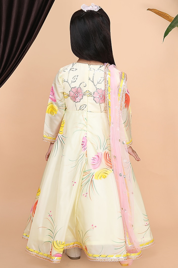 Yellow Georgette & Organza Printed Anarkali Set For Girls by Fashion Totz at Pernia's Pop Up Shop