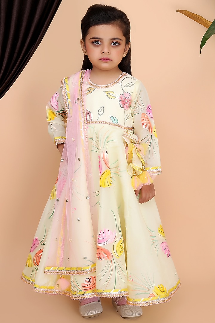 Yellow Georgette & Organza Printed Anarkali Set For Girls by Fashion Totz at Pernia's Pop Up Shop