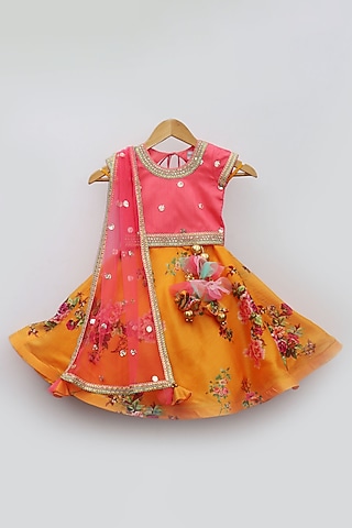 Yellow Dupion & Chanderi Printed Lehenga Set For Girls by Fashion Totz
