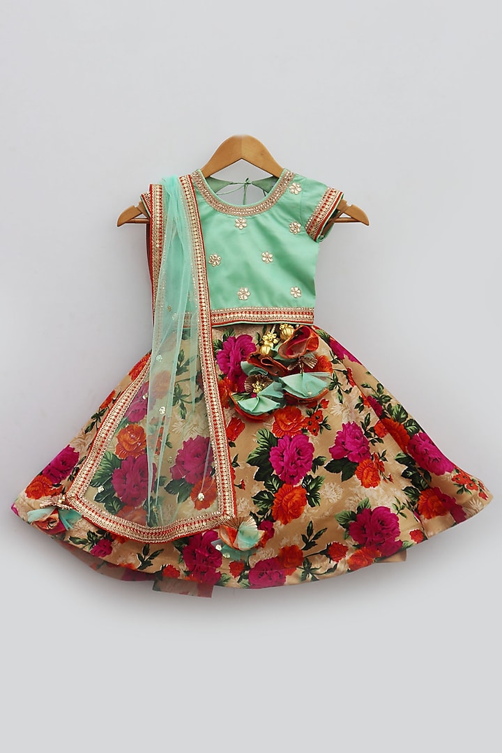 Multi-Colored Taffeta & Silk Printed Lehenga Set For Girls by Fashion Totz