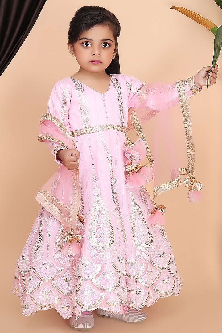 Pink Net & Dupion Embroidered Anarkali Set For Girls by Fashion Totz