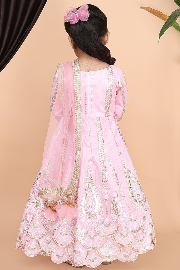 Pink Net & Dupion Embroidered Anarkali Set For Girls by Fashion Totz at Pernia's Pop Up Shop