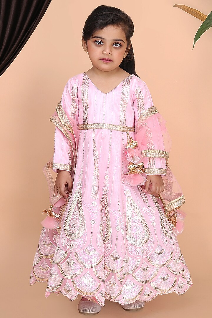 Pink Net & Dupion Embroidered Anarkali Set For Girls by Fashion Totz at Pernia's Pop Up Shop