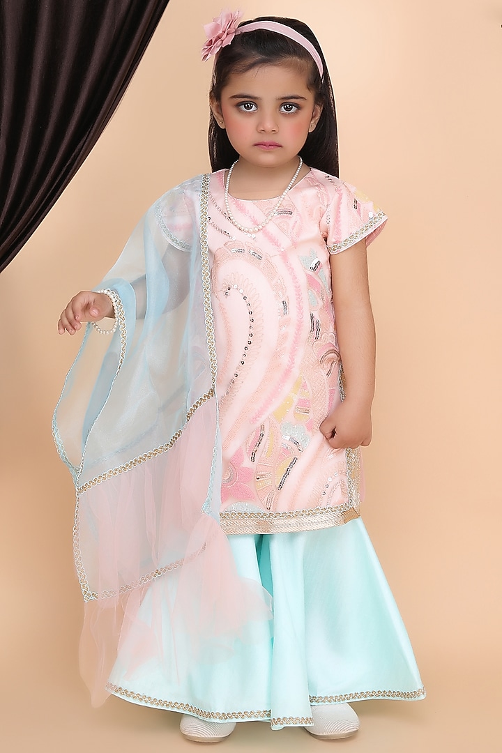 Aqua Green Net & Dupion Sharara Set For Girls by Fashion Totz at Pernia's Pop Up Shop