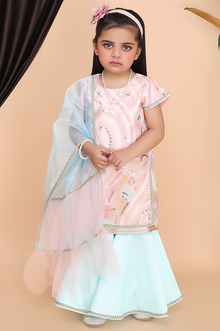 Aqua Green Net & Dupion Sharara Set For Girls by Fashion Totz at Pernia's Pop Up Shop