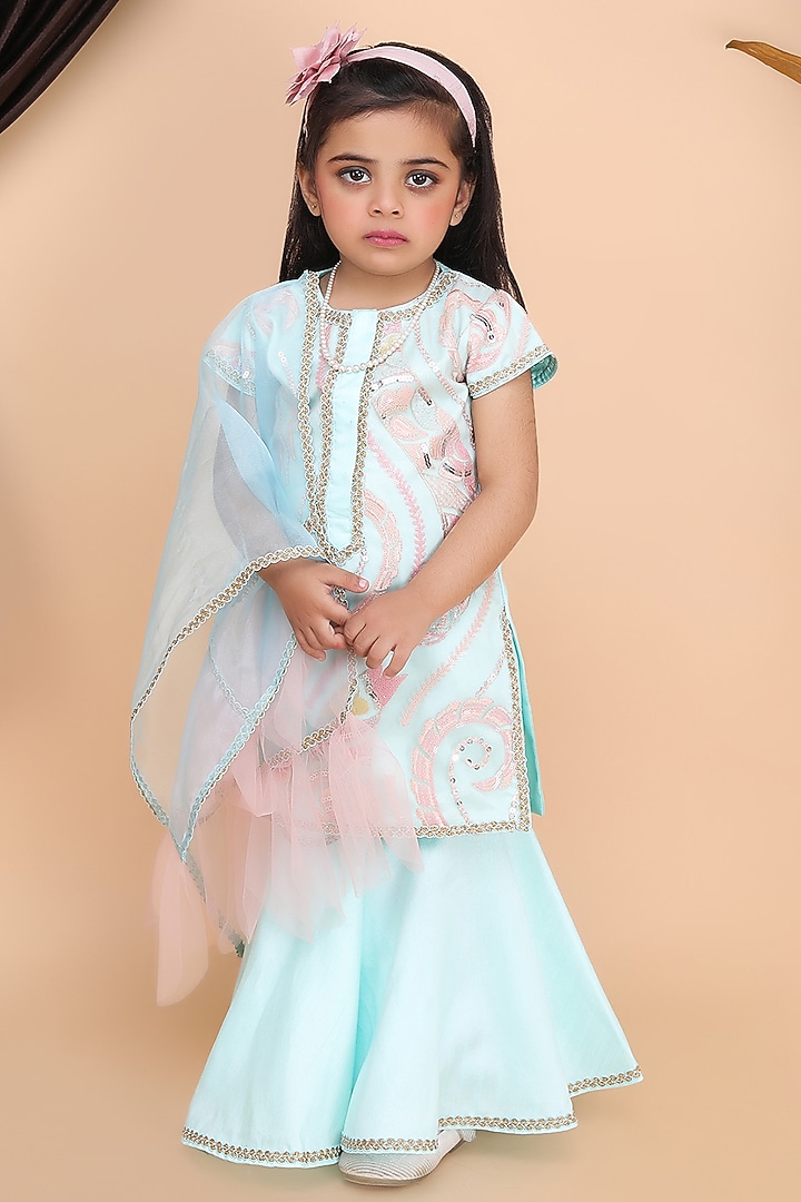 Aqua Green Net & Dupion Sharara Set For Girls by Fashion Totz at Pernia's Pop Up Shop