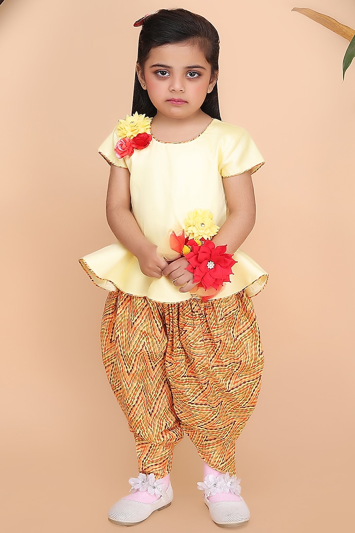 Yellow Cotton Printed Dhoti Set For Girls by Fashion Totz