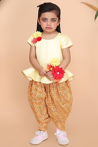 Yellow Cotton Printed Dhoti Set For Girls by Fashion Totz