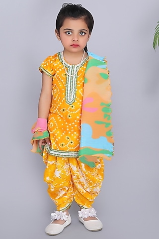 Yellow Cotton Dhoti Set For Girls by Fashion Totz