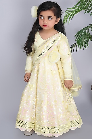 Yellow Dupion & Net Embroidered Anarkali Set For Girls by Fashion Totz