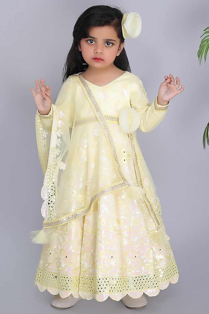 Yellow Dupion & Net Embroidered Anarkali Set For Girls by Fashion Totz at Pernia's Pop Up Shop