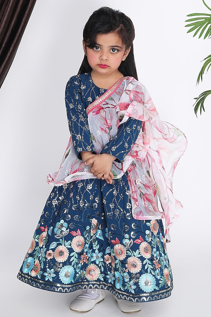 Blue Georgette & Dupion Embroidered Anarkali Set For Girls by Fashion Totz at Pernia's Pop Up Shop