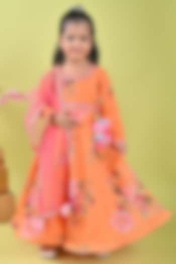 Orange Chanderi Printed Anarkali Set For Girls by Fashion Totz