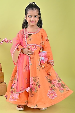 Orange Chanderi Printed Anarkali Set For Girls by Fashion Totz