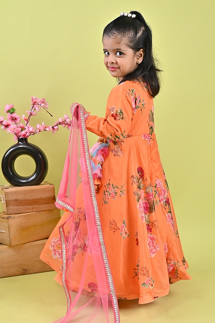 Orange Chanderi Printed Anarkali Set For Girls by Fashion Totz at Pernia's Pop Up Shop