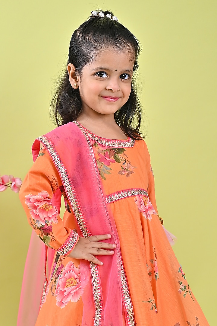 Orange Chanderi Printed Anarkali Set For Girls by Fashion Totz at Pernia's Pop Up Shop