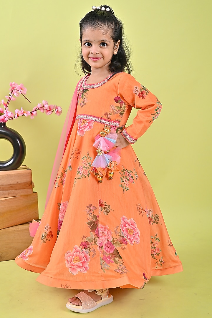 Orange Chanderi Printed Anarkali Set For Girls by Fashion Totz at Pernia's Pop Up Shop