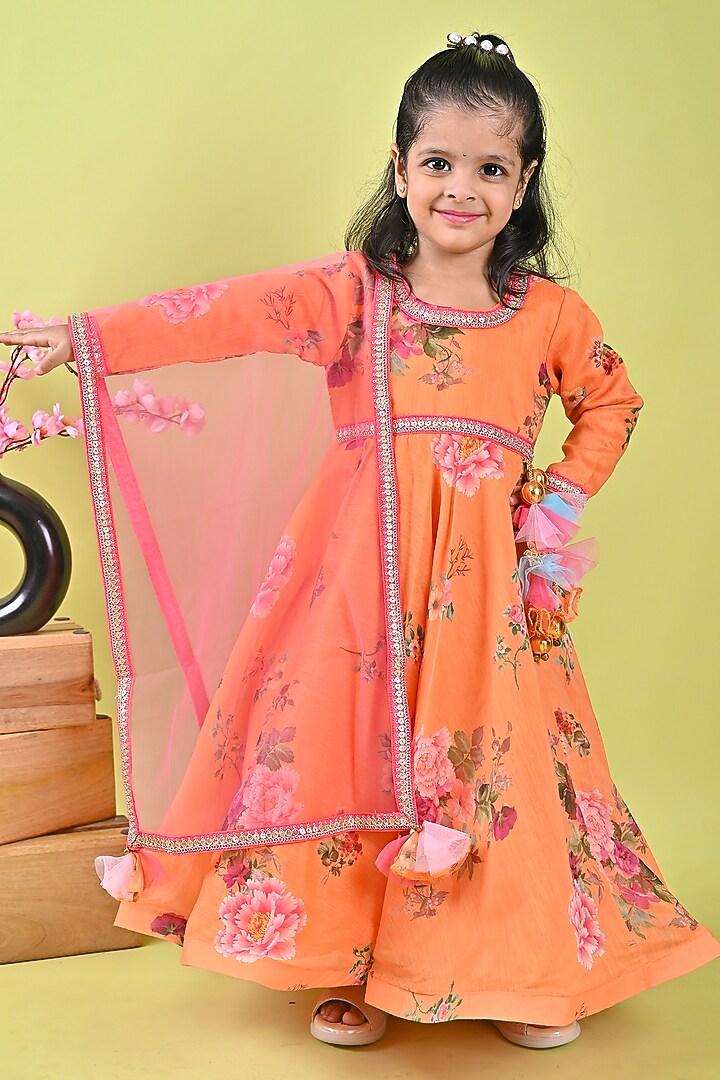 Orange Chanderi Printed Anarkali Set For Girls by Fashion Totz at Pernia's Pop Up Shop