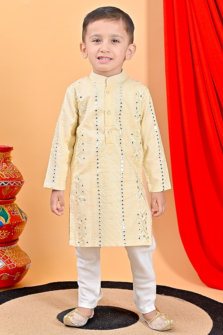 Beige Cotton Embroidered Kurta Set For Boys by Fashion Totz