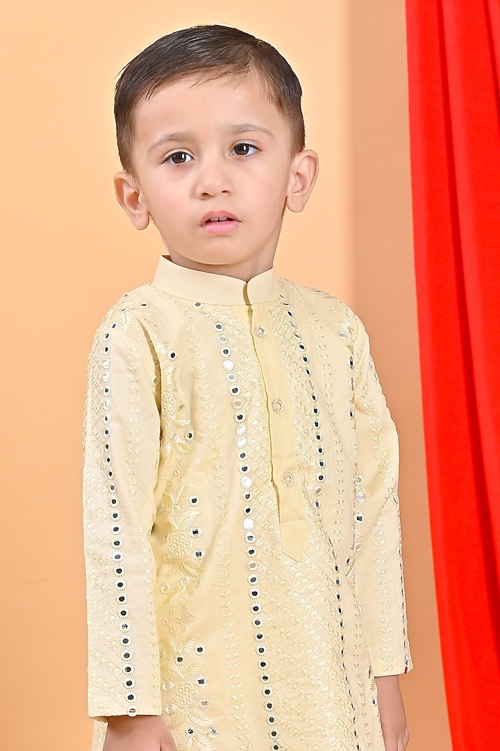 Beige Cotton Embroidered Kurta Set For Boys by Fashion Totz at Pernia's Pop Up Shop