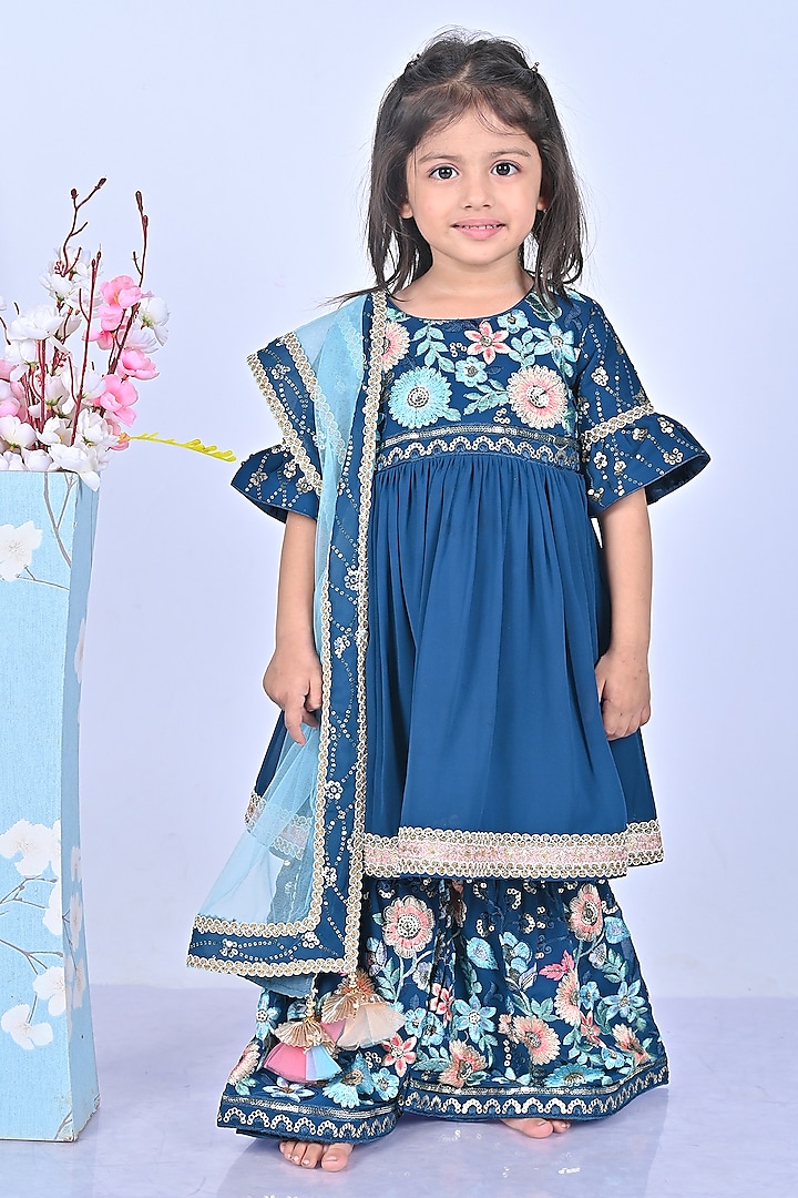 Petrol Blue Georgette Embroidered Anarkali Set For Girls by Fashion Totz