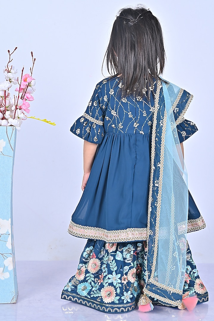 Petrol Blue Georgette Embroidered Anarkali Set For Girls by Fashion Totz at Pernia's Pop Up Shop