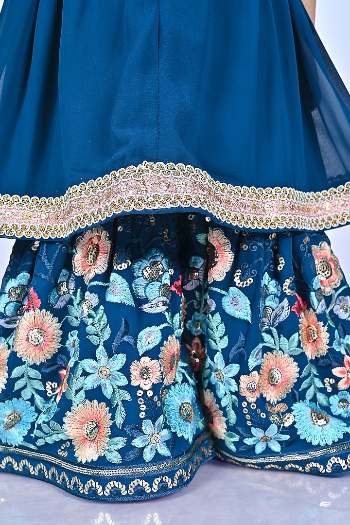 Petrol Blue Georgette Embroidered Anarkali Set For Girls by Fashion Totz at Pernia's Pop Up Shop